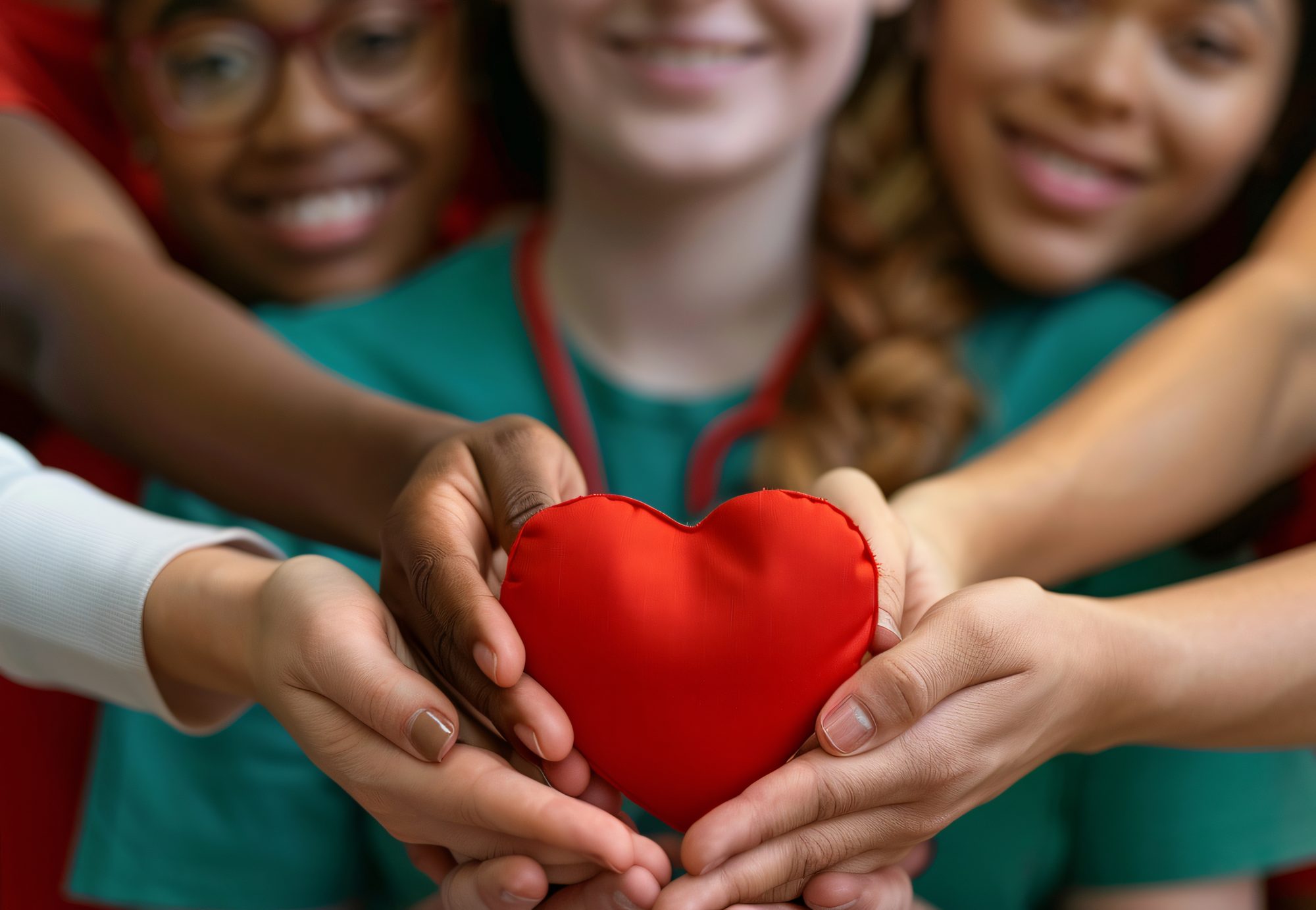 Manos de distintas personas sosteniendo juntas un corazón rojo