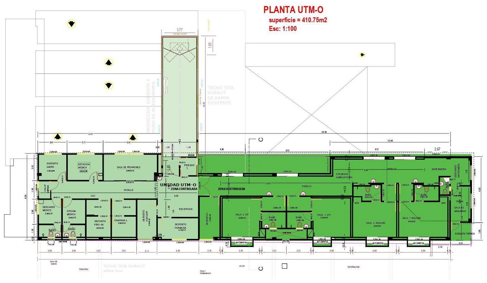 Planta de la UTMO con zona restringida, zona controlada, salas de aislamiento y de terapia intensiva